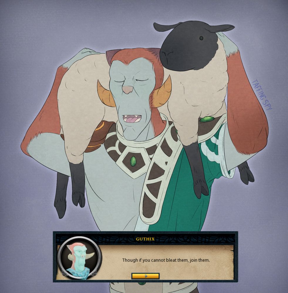 Digital artwork of Guthix from Runescape. He's carrying a sheep on his shoulders. Below him is a text box screenshot from Runescape, a dialogue from Guthix. It reads "Though if you cannot bleat them, join them"