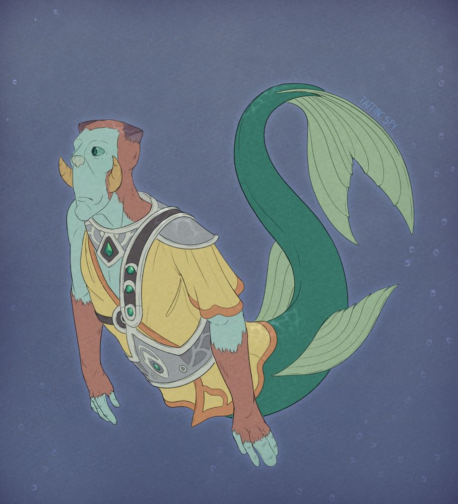 Digital fan artwork of Guthix from Runescape. He has a green mermaid's tail, and is swimming calmly in the ocean.