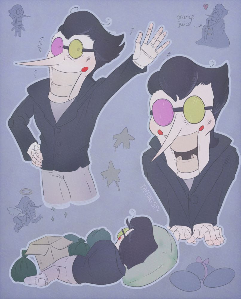Digital artwork of a set of doodles of Spamton from Deltarune. There are three main doodles: one where he is waving, one where he's excitedly talking to the screen, and one where he is sleeping amongst trash.