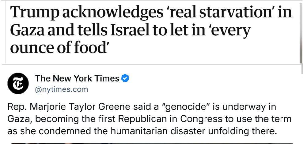 "Trump acknowledges ‘real starvation’ in Gaza and tells Israel to let in ‘every ounce of food’ "

"Rep. Marjorie Taylor Greene said a “genocide” is underway in Gaza, becoming the first Republican in Congress to use the term as she condemned the humanitarian disaster unfolding there."