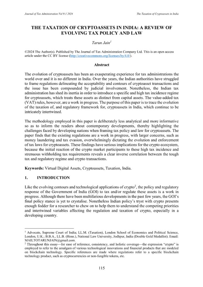 First page of "The Taxation of Cryptoassets in India: A Review of Evolving Tax Policy and Law" by Tarun Jain from Volume 9 Issue 1 of the Journal of Tax Administration