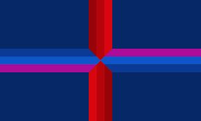 The football England flag with dark blue instead of white in the corners and the bisexual flag colours replacing the red on the horizontal part of the cross