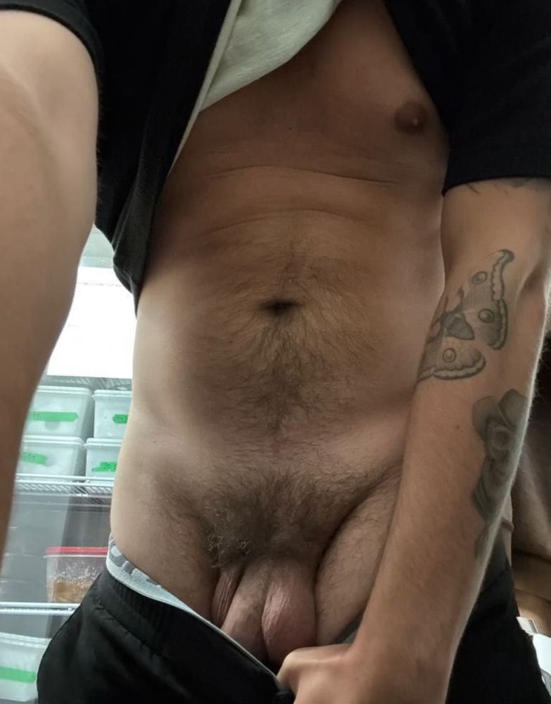 A human lifting it’s shirt to reveal it’s twunk-ish masculine abdominal features and pubic area. The masc human shows off a moth tattoo, reinforcing his queerness, and a cowboy skull. The scene is happening in the back store of an airport lounge, his job, with a background of food containers in a glass fridge.