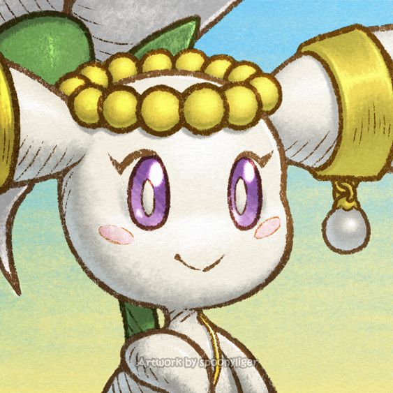 Digitally-handmade fanart portrait of an original character based on the Flabébé and Floette Pokémon, facing forward towards the right side of the image at a 3/4 angle with a smiling facial expression, holding onto a large white flower over the shoulder, on a blue-to-yellow gradient background.