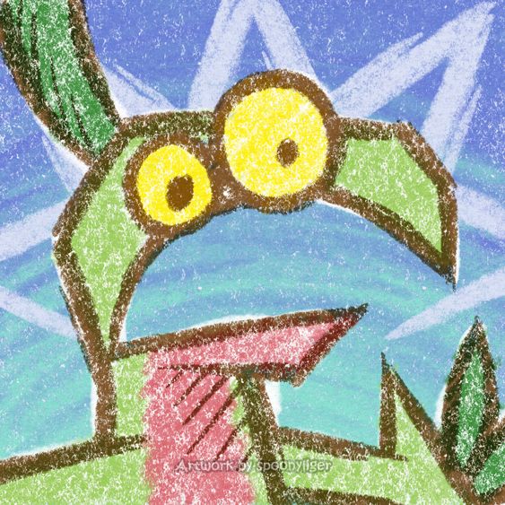Digitally handmade profile artwork of a Grovyle Pokémon drawn in the style of artist TerminalMontage, facing forward towards the right side of the image at a 3/4 angle with a shocked expression, on a blue gradient background.