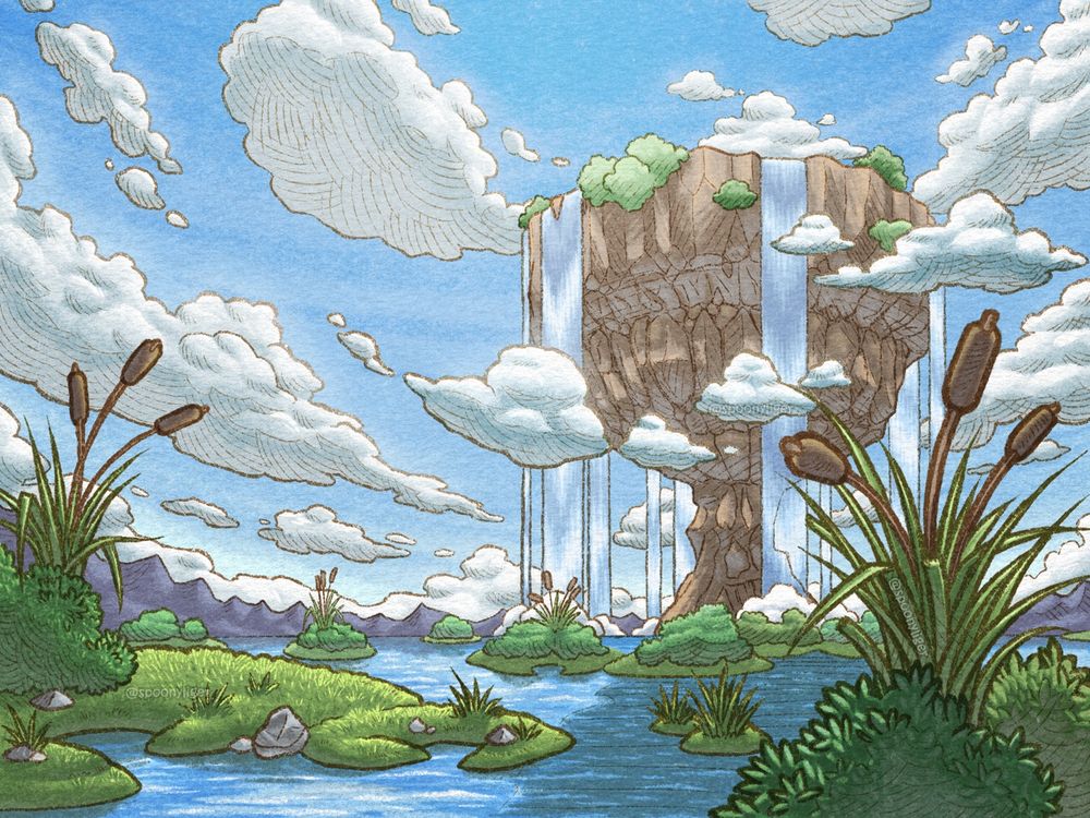 Digitally-handmade artwork featuring a scenic lake view with small grassy islands scattered throughout the lake, surrounding a massive, skyscraping, top-like rock structure in the distance as clouds partly fill the sky above it and around it.