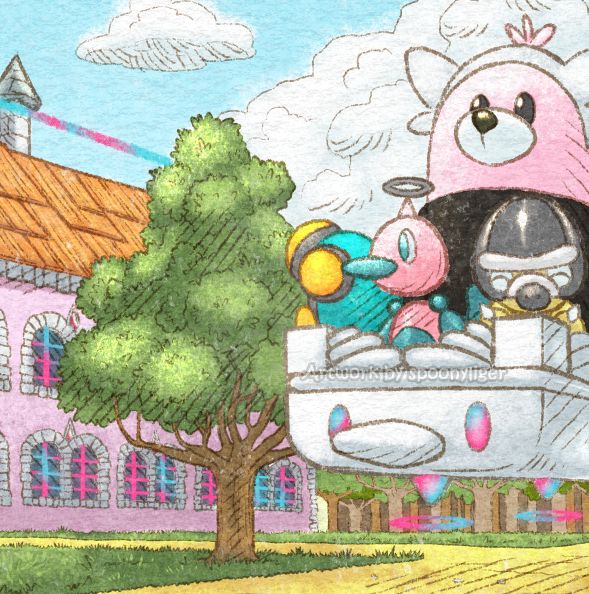 Closer shot from the first image, focusing on the floating stone platform transporting Pokémon students. A tree stands behind them a few yards away on one of the grass fields, and a forest can be seen peeking under the floating platform much, much further away in the background.