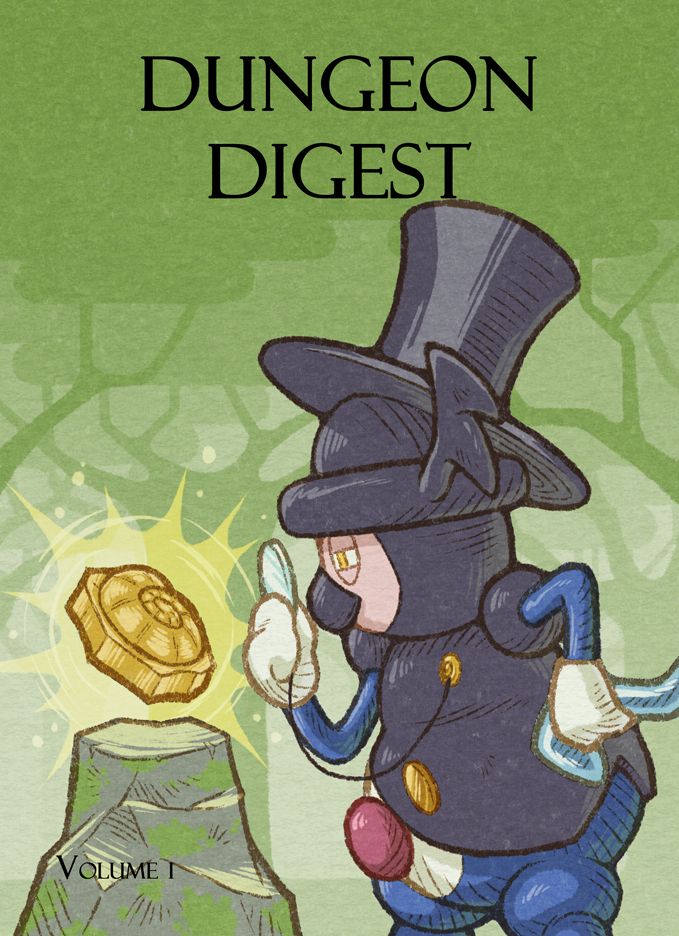 Digitally-handmade artwork featuring a Mr. Rime Pokémon viewed from the side wearing a dark top-hat, and holding up a monocle to its squinting eye as it carefully inspects a radiant, golden helix fossil levitating on a rock in front of it. The background of the artwork is a stylized forest in various shades of green. There's text above the Pokémon that reads "Dungeon Digest" in thin, dark font, and in the same style there is also a small line of text at the bottom left corner of the artwork that reads "Volume I".