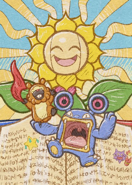 Digitally-handmade artwork featuring a Sunflora Pokémon on a light-blue background with stripes of yellow arranged parallel to 8 cardinal directions centered behind Sunflora's head, and which taper from thinner to wider from the inside of the artwork outwards. Sunflora has a wide-smiling facial expression, is wearing a pink bandana-scarf on its neck, and has its leaves spread outwards. Its lower body is hidden behind an open diary showing pages covered in a made-up writing system, alongside small illustration of a star, and a scary purple face next to a red one. A Loudred Pokémon floats in front of the pages in an animated stance, holding up an excited Bidoof Pokémon on its hand, who is flailing a red cloth in the air.