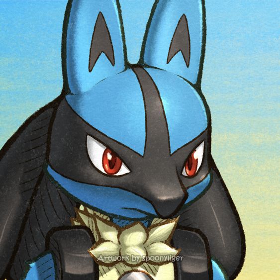 Digitally-handmade fanart portrait of a Lucario Pokémon facing forward towards the right side of the image at a 3/4 angle with a stoic facial expression, on a blue-to-yellow gradient background.