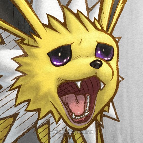 Digitally-handmade fanart portrait of a Jolteon Pokémon facing forward towards the right side of the image at a 3/4 angle with a very distressed, wailing facial expression, similar to a popular cat image, on a grey gradient background.