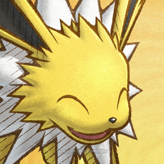 Digitally-handmade fanart portrait of a Jolteon Pokémon facing forward towards the right side of the image at a 3/4 angle with a smiling facial expression, on an orange gradient background.