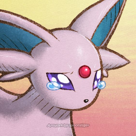 Digitally-handmade fanart portrait of an Espeon Pokémon facing forward towards the right side of the image at a 3/4 angle with a sad, teary-eyed expression, on a peach-to-pink gradient background.
