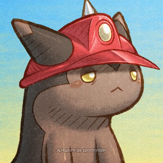 Digitally-handmade portrait of an original character based on the Furret Pokémon, facing forward towards the right side of the image at a 3/4 angle with a lethargic facial expression, wearing a red hard-hat with a built-in headlamp, on a blue-to-yellow gradient background.