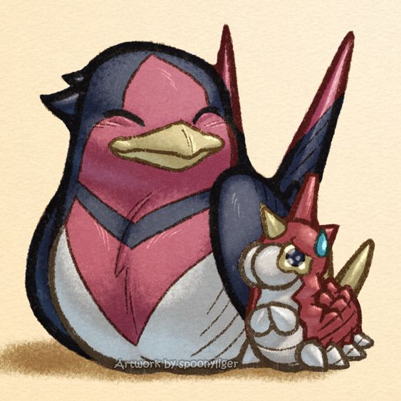 Digital illustration of a Swellow Pokemon smiling at and sitting cozily next to a nervous-looking Wurmple.