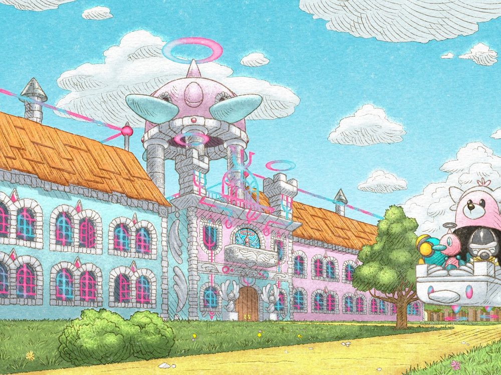 Digitally-handmade artwork of a two-floor, pink and blue university building with two grass fields sectioned off by yellow dirt roads leading from the front doors of the building and then splitting two ways. On one of the road splits floats a white stone platform transporting various Pokemon students such as a Shieldon, a Bewear, a shiny Palpitoad, and a Porygon original character that the university's architecture is themed after, such as the center dome standing high above the center section of the university, supported on four roman pillars, or the stained glass art featuring the same character behind the balcony above the main entrance of the building. Throughout the university, beams of pink and blue light adorn its rows of classroom windows serving as window frames, or roof railings, among other decorations.
