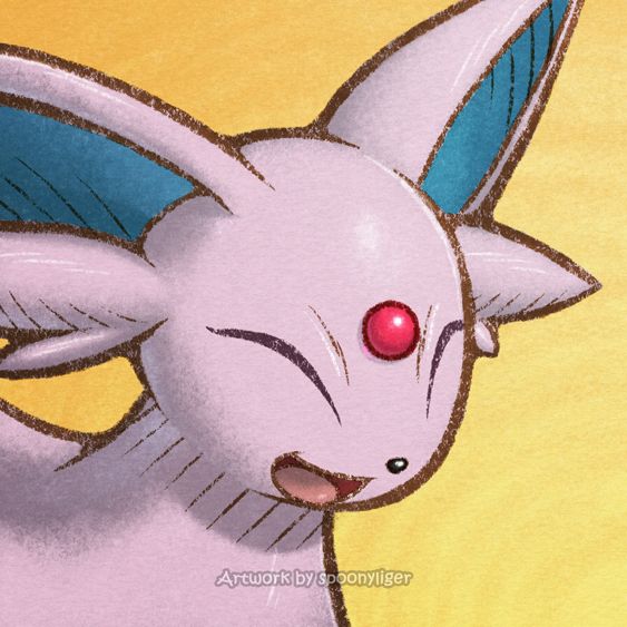 Digitally-handmade fanart portrait of an Espeon Pokémon facing forward towards the right side of the image at a 3/4 angle with a happy expression, on an orange gradient background.