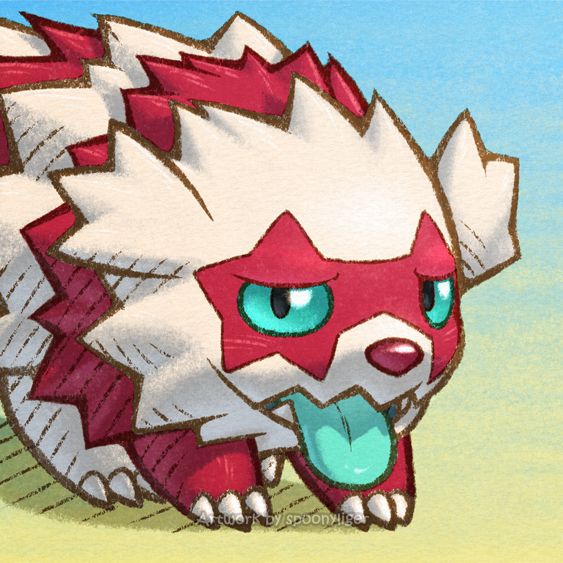 Digitally hand-drawn mugshot artwork of a shiny Galarian Zigzagoon Pokémon facing forward towards the right side of the image at a 3/4 angle with a tongue-out, smiling facial expression, on a blue-to-yellow gradient background.
