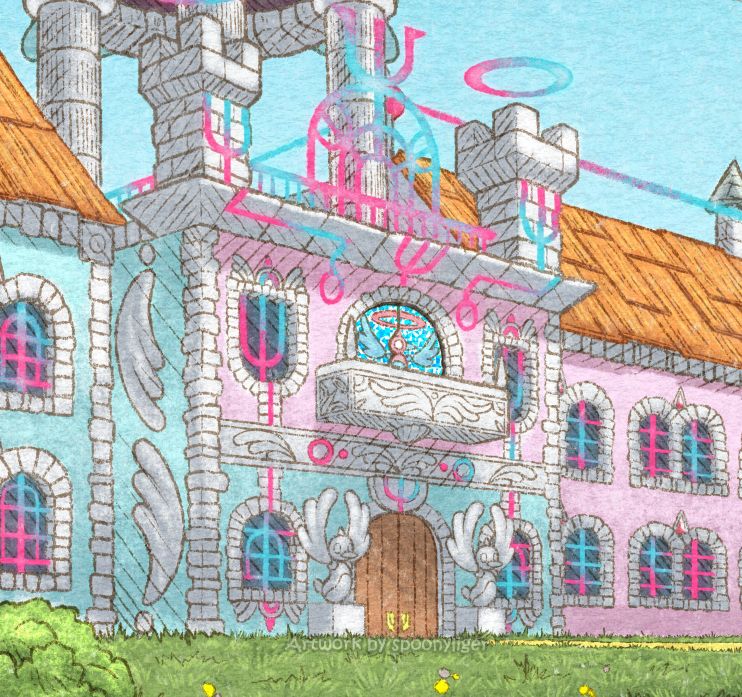Closer shot from the first image, focusing on the center section of the university building. The wall of the top half is painted pink, while the bottom half is blue. The top half has two shield-shaped windows, and a blacony in between them with large glass-stained doors featuring the Porygon original character that represents the university. The bottom half of the building also has two arch-shaped windows with two large wooden doors in between them. Two Porygon OC statues stand on each side of these front doors. Two small towers also stand on each corner of the roof of this section, with wireframe decorations made of concentrated pink-and-blue light adorning the space in-between them. And just behind them, roman pillars stand tall supporting a dome structure on top.
