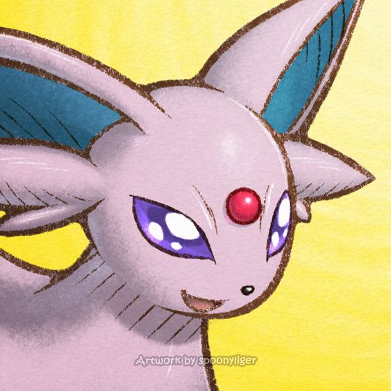 Digitally-handmade fanart portrait of an Espeon Pokémon facing forward towards the right side of the image at a 3/4 angle with a pleasantly amazed expression, on a yellow gradient background.