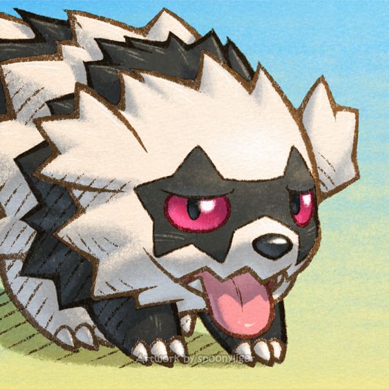 Digitally hand-drawn mugshot artwork of a Galarian Zigzagoon Pokémon facing forward towards the right side of the image at a 3/4 angle with a tongue-out, smiling facial expression, on a blue-to-yellow gradient background.