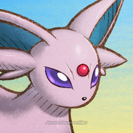 Digitally-handmade fanart portrait of an Espeon Pokémon facing forward towards the right side of the image at a 3/4 angle with a smiling expression, on a blue-to-yellow gradient background.