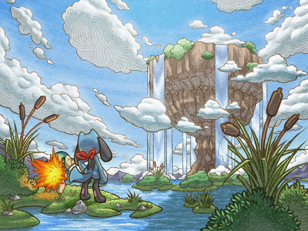 Digitally-handmade artwork featuring a Cyndaquil and a Riolu Pokémon in the foreground standing on one of various small grassy islands scattered throughout a sunny lake scene before them, as they gaze upon a massive, skyscraping, top-like rock structure in the distance with clouds of various sizes scattered around it.