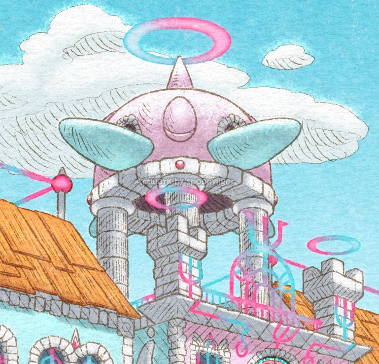 Closer shot from the first image, focusing on the pink dome-like structure standing above the university building, supported by four roman pillars. Four blue, long, oval balconies extrude out from the sides of the dome pointing in the four directly opposing cardinal directions.