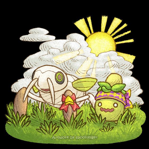Digitally-handmade art featuring a Nincada and Smoliv Pokémon standing on grass, and facing the viewer at a three-quarter angle as they look ahead, marveled at a sight illuminated by a sunrise behind them, peeking from behind clouds.