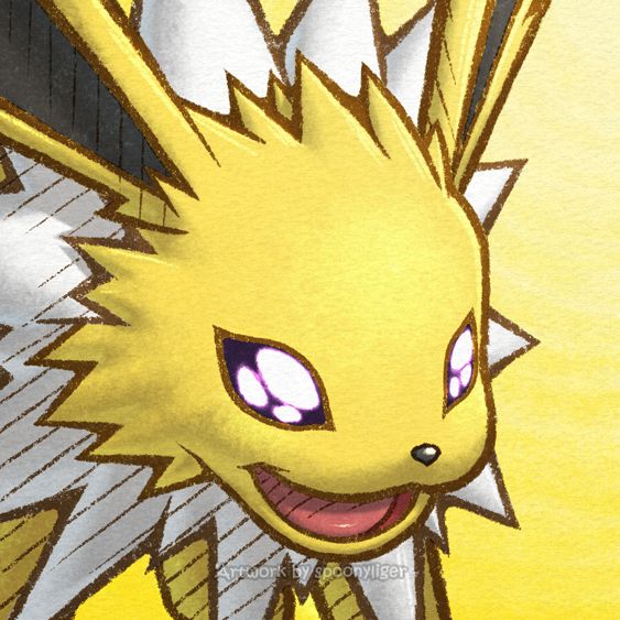 Digitally-handmade fanart portrait of a Jolteon Pokémon facing forward towards the right side of the image at a 3/4 angle with an amazed facial expression, on a yellow gradient background.