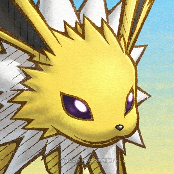 Digitally-handmade fanart portrait of a Jolteon Pokémon facing forward towards the right side of the image at a 3/4 angle with a smiling facial expression, on a blue-to-yellow gradient background.