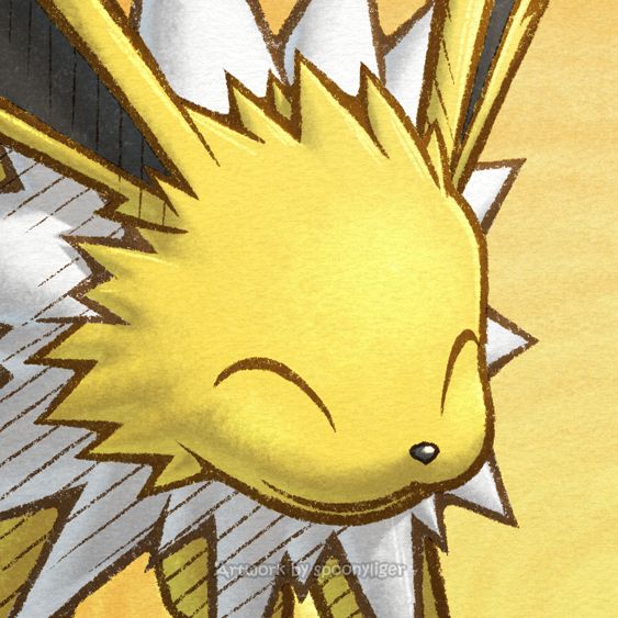 Digitally-handmade fanart portrait of a Jolteon Pokémon facing forward towards the right side of the image at a 3/4 angle with a content facial expression, on an orange gradient background.