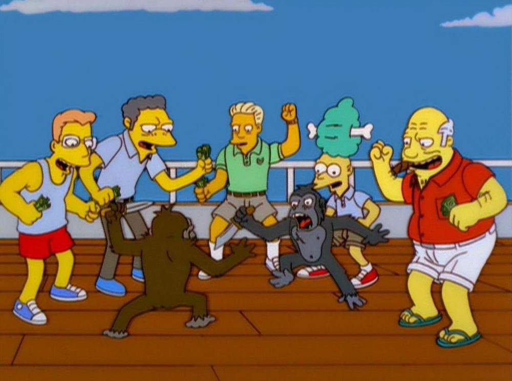 Screen grab from the simpsons, showing a group of characters cheering on two monkeys in a knife fight 
