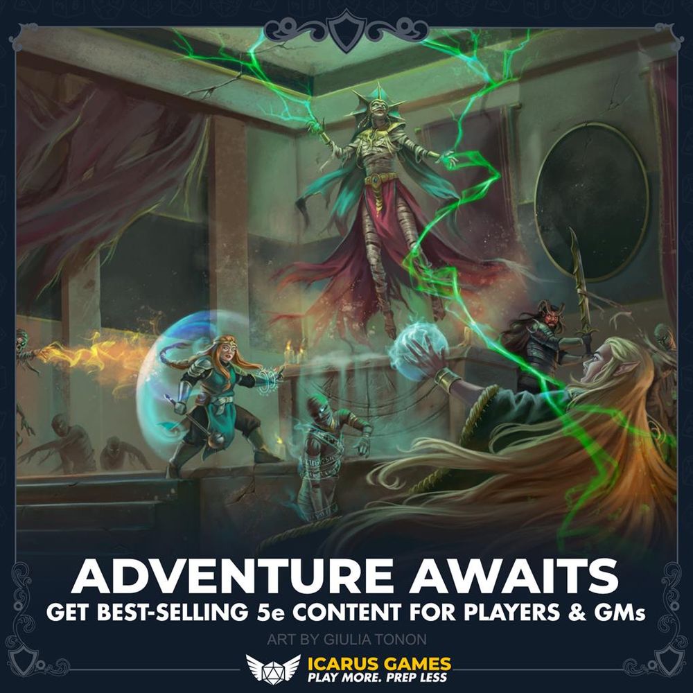 A blue background with white text at the bottom which reads "Adventure awaits. Get best-selling 5e content for players and GMs". Above this, art depicts A group of adventurers doing battle against a collection of mummified undead inside the desert tomb of the Jade Tyrant. The Jade Tyrant himself, an undead spellcaster, rises from a sarcophagus in the center of the image and hurls spells at the adventurers. 
