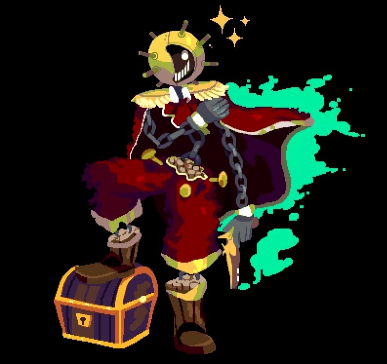 Land mine head character, chains for limbs and torso. Red cloak with golden pads, wooden feet, one of them in a treasure chest. Flintlock in the left hand. Little stars to represent a grim smile (three in total). Teal smoke coming from him