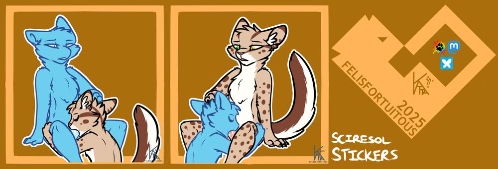 Digital art of two telegram stickers featuring a feline OC and a YCH. Both stickers are receiving blowjobs, one being the feline OC receiving from the YCH, the other with the YCH receiving the blowjob from the YCH.