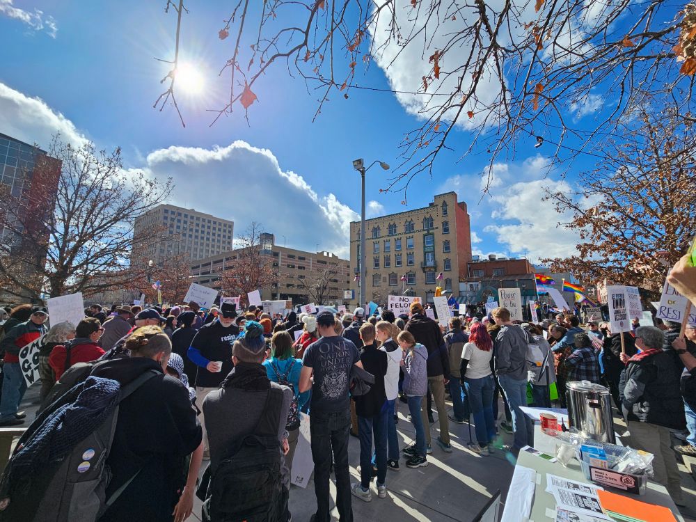 A bright sunny day with many people holding signs and flags, supporting marginalized communities, and protesting the fascists who are currently in charge of the US.