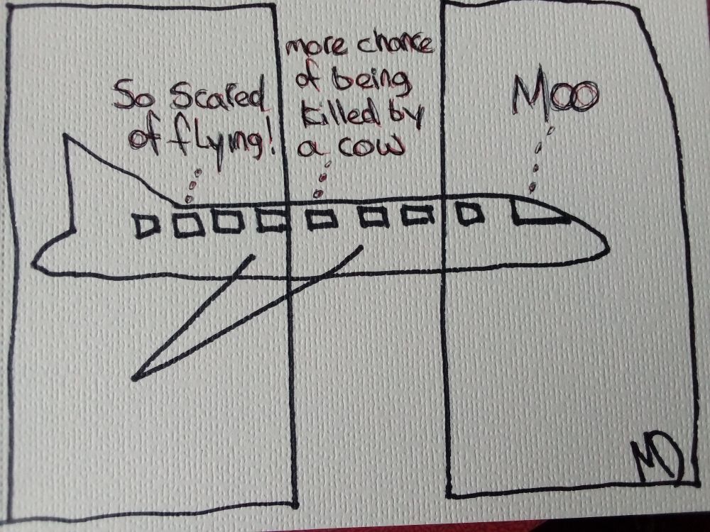 Badly drawn, 3 panel, cartoon of a plane. 1st panel (from a window seat) : So scared of flying!
2nd panel (From a another window seat: More chance of being killed by a cow.
3rd panel (from cockpit): MOO.
