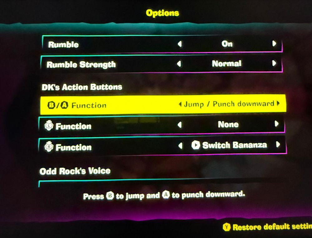 Donkey Kong Bananza options menu