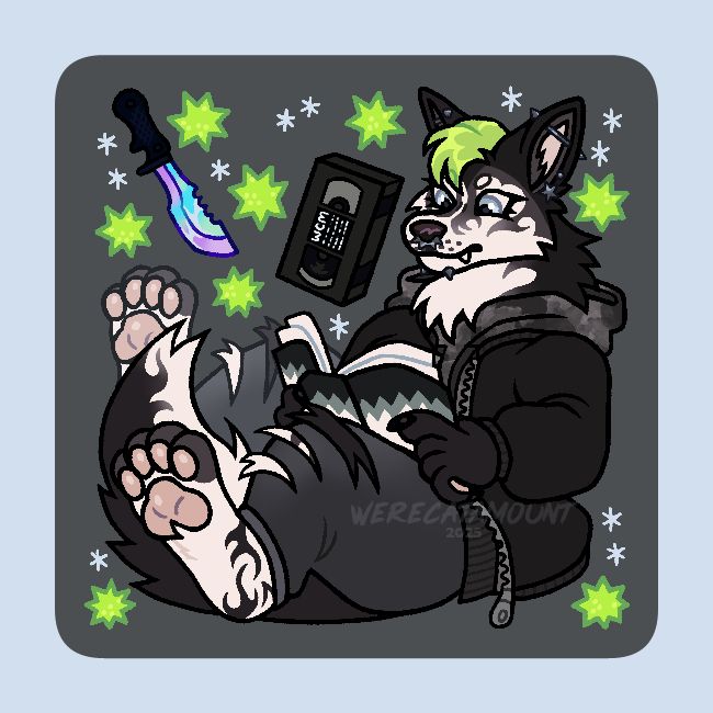 A digital illustration of an anthro husky/wolf (Steele), lounging comfortably while reading a book. She has black on white flame-like markings, and is wearing a dark jacket over a gray tie-dye hoodie & ripped jeans. Her hair is dyed lime green and she also has many piercings. Steele is surrounded by vibrant green stars, snowflakes, a holographic bowie knife, and a VHS tape.