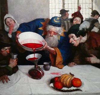 N. C. Wyeth’s illustration The Astrologer emptied the whole of the bowl into the bottle, depicting a man in stereotypical wizard’s robes pouring a blood red substance into a bottle via a funnel