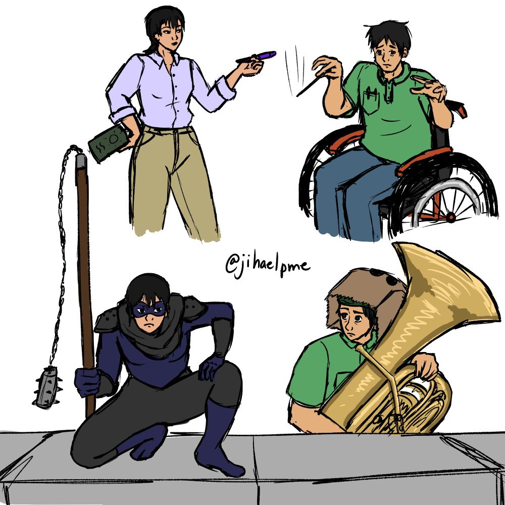 A digital colored sketch page of my superhero OCs. On the left is Wakana, a young Asian woman with a purple clothing scheme, and on the right is Shou, a young Asian man with a green clothing scheme. The top half of the spread shows them teaching at their day jobs, and the bottom half shows them waiting on a rooftop looking for bad guys. In their superhero outfits, Wakna holds a chigiriki and Shou holds a tuba and has a paper bag with eyeholes on his head.