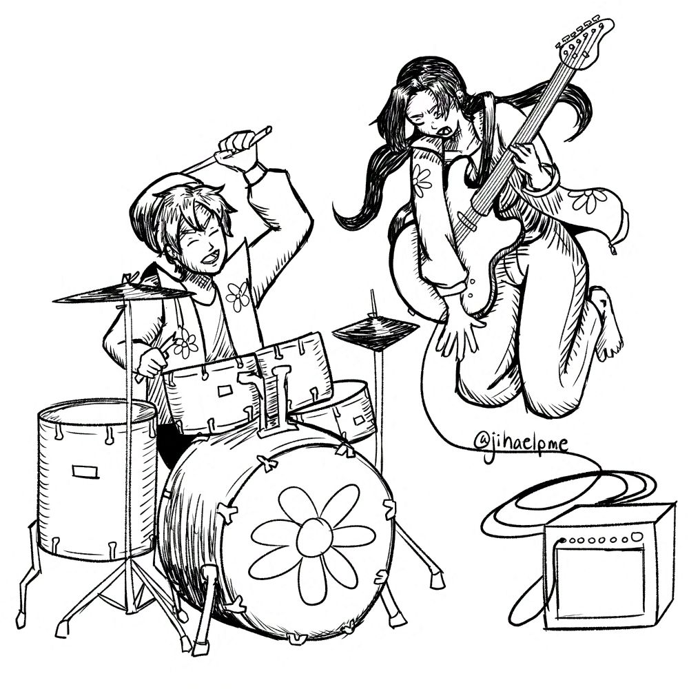 A digital ink drawing of my ocs, Nam is playing the drums and Sage is playing the electric guitar. They are rocking out and their band has a flower theme.