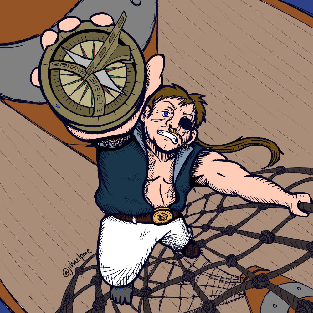 A DnD-style dwarf climbing up the rigging of a pirate ship, holding a compass up to the viewer. He is a white middle-aged man wearing an eyepatch, an open blue vest, no shirt, and baggy white pants. He has messy brown hair with a rat's tail, several battle scars, and he has one prosthetic magic foot. He appears focused and intense, perhaps climbing up to the crow's nest to scold the boatswain.