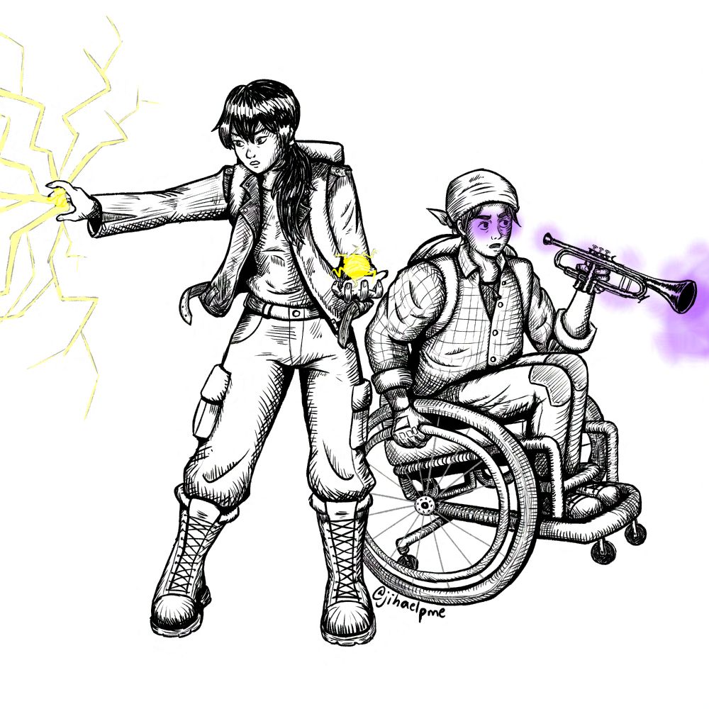 A digital ink drawing of my original characters, Eve and Caleb, preparing to fight off zombies, which are not depicted. Eve is a young Asian woman with a side ponytail and leather jacket, and she has lightning coming off her hands. Caleb is a young Asian man with a bandana using a wheelchair, and his eyes are glowing purple and he has a magic glowing trumpet in one hand.