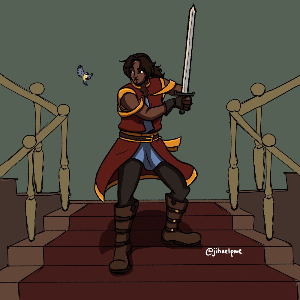 Gavin, a young man in a red overcoat with gold accents, is stepping down a staircase eyeing a black-capped chickadee with a look of determination. The bird is flying at his eye level, tauntingly close, and Gavin holds his sword at the ready.