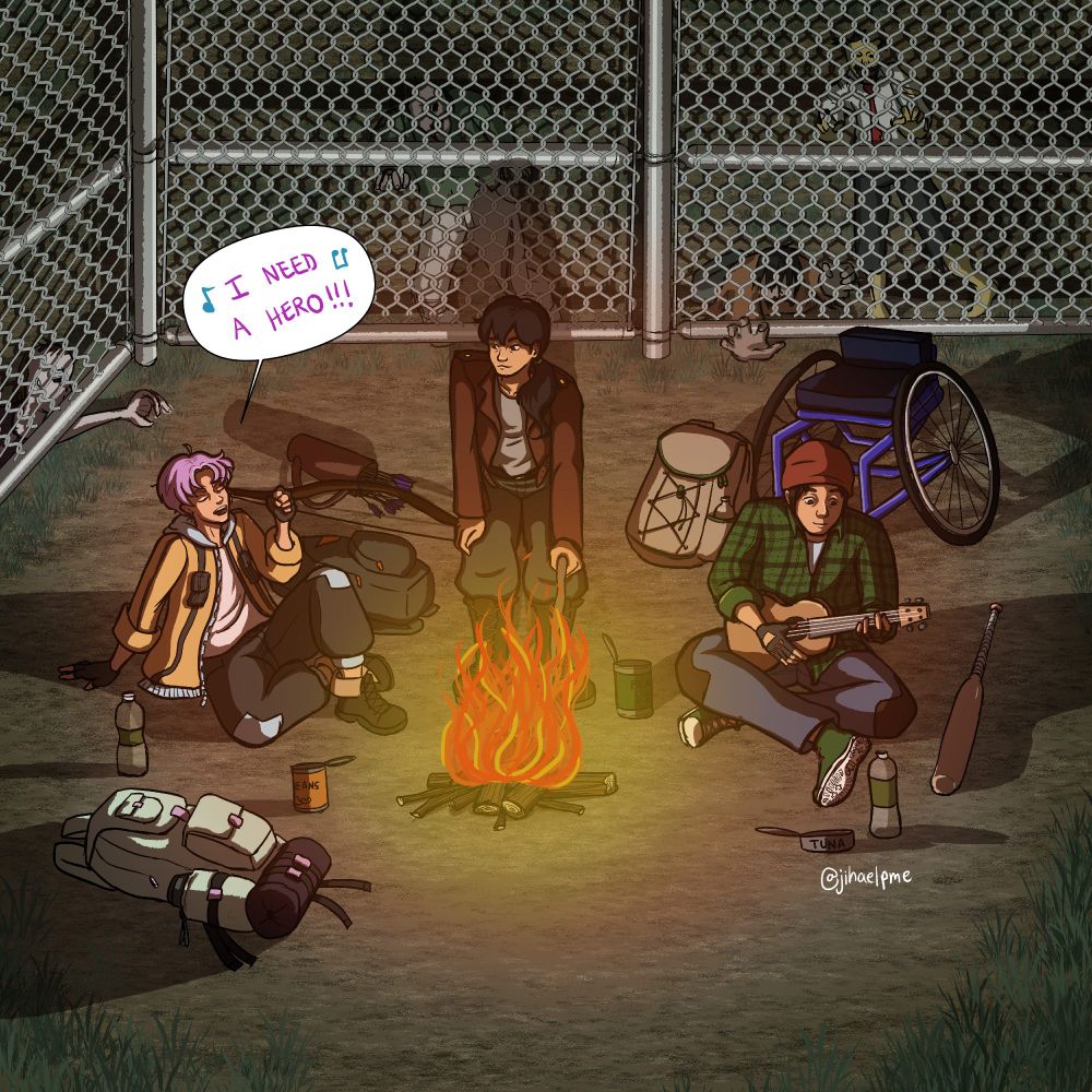 Saber, a pink-haired teenage idol, passionately sings I Need a Hero while sitting at the campfire with Eve, a young woman in a leather jacket, and Caleb, a young man with a banjo. They are surrounded by a chainlink fence with four zombies trying to get to them. However, they are at ease and enjoying the ambience. In the background, there are several empty food cans and water bottles, three backpacks, Eve's bow and arrows, and Caleb's wheelchair and baseball bat.