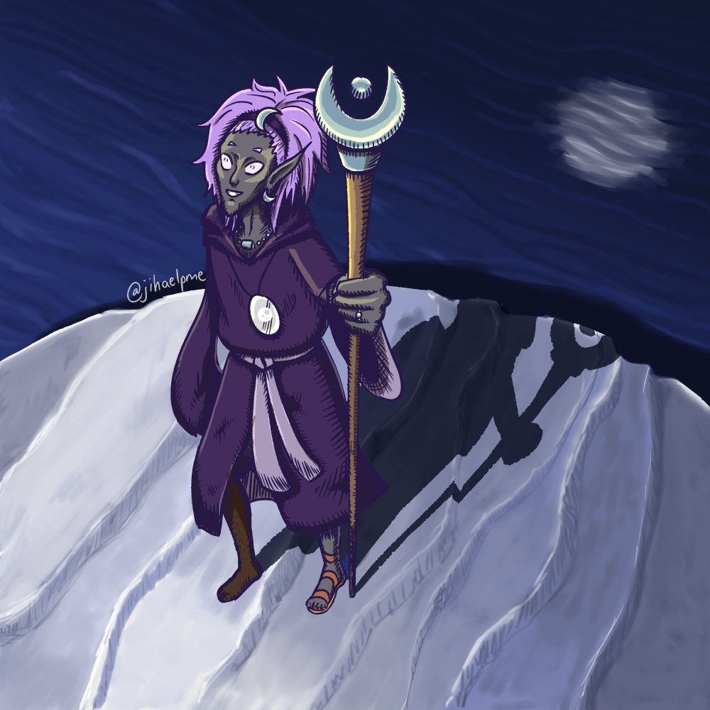A DnD-style Drow elf young man standing on a circular ice fragment that floats on the sea. He has one arm and is holding a long staff with a moon design at its tip, and he is wearing a long purple robe, sandals, a headband and moon-themed jewelry, and a necklace with a round mirror on the end of it. He has crazy lavender hair and a wooden prosthetic on one leg. He looks slightly crazed but otherwise like he's enjoying himself.