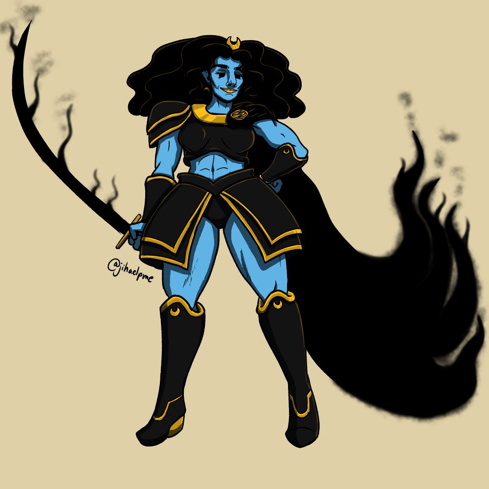 A re-design of Shadow Lass from the Legion of Super-heroes. She has blue skin, voluminous curly black hair, black and gold armor, and a cape a sword made of darkness. She stands confidently with one hand on her hip. 