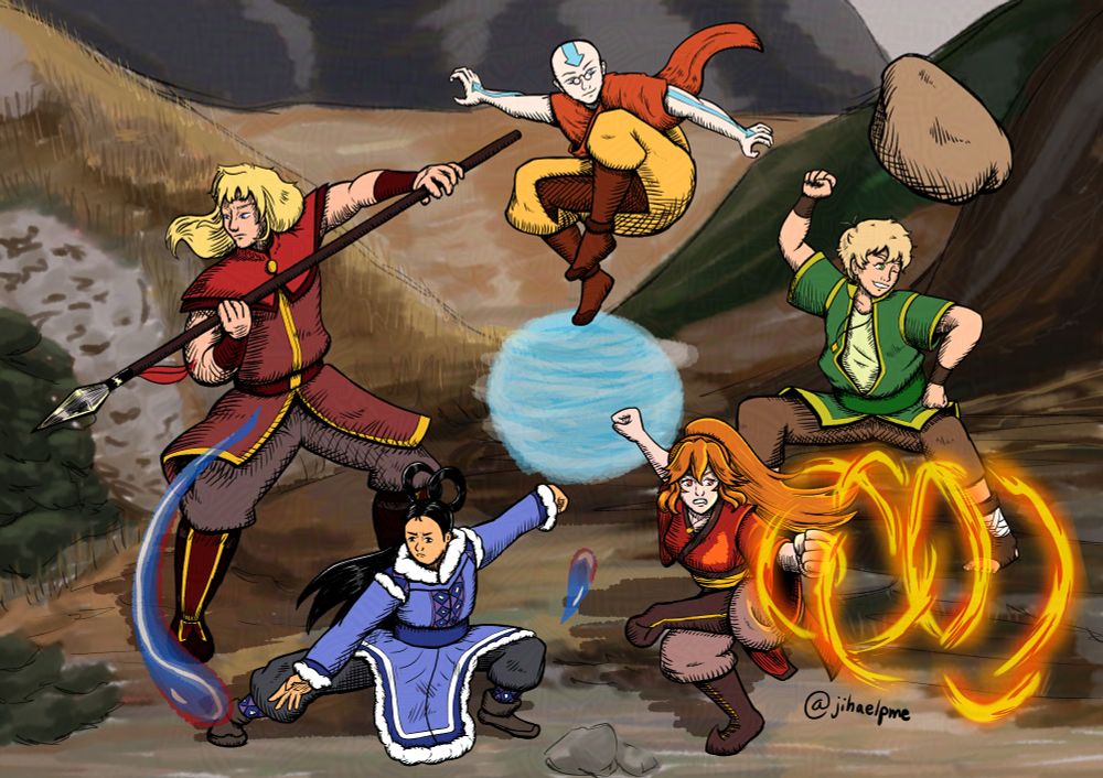 Five characters in martial arts poses and using elemental superpowers. 